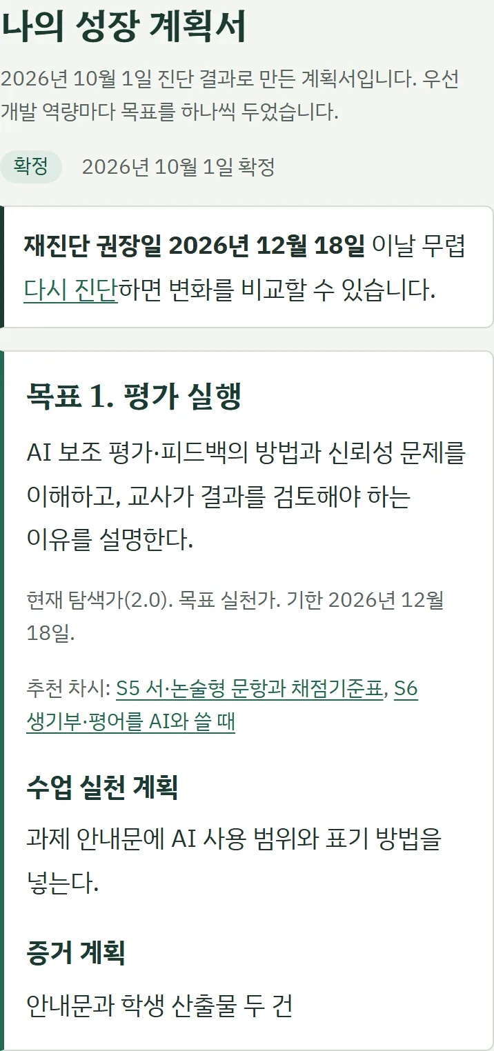 확정한 성장 계획서 화면. 재진단 권장일과 첫 목표의 현재 수준, 목표 수준, 기한, 수업 실천 계획, 증거 계획이 있습니다.